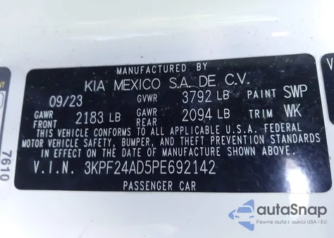2023 Kia Forte Lxs z USA, uszkodzony, nr VIN 3KPF24AD5PE692142
